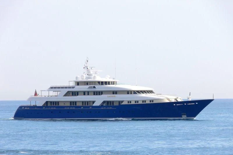 a large blue and white boat aboard LAUREL Yacht for Charter