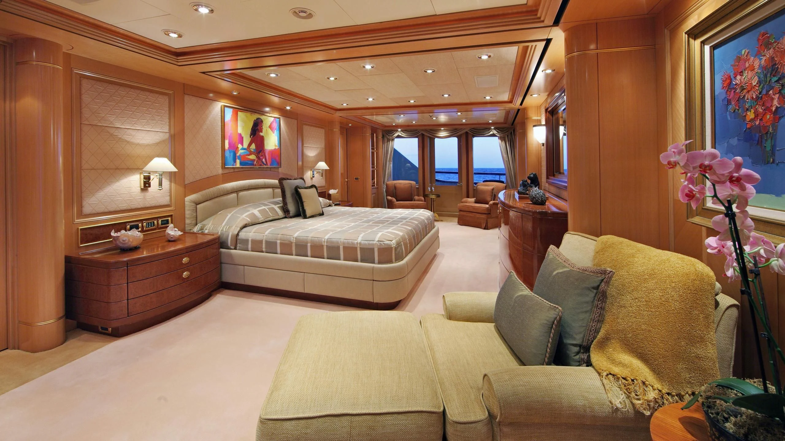 a large bedroom with a large bed aboard LAUREL Yacht for Charter