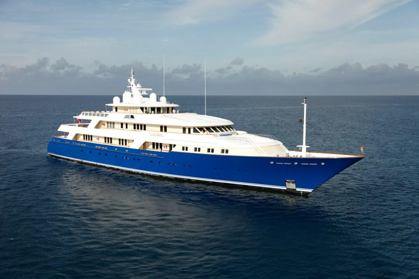 a large blue and white boat aboard LAUREL Yacht for Charter