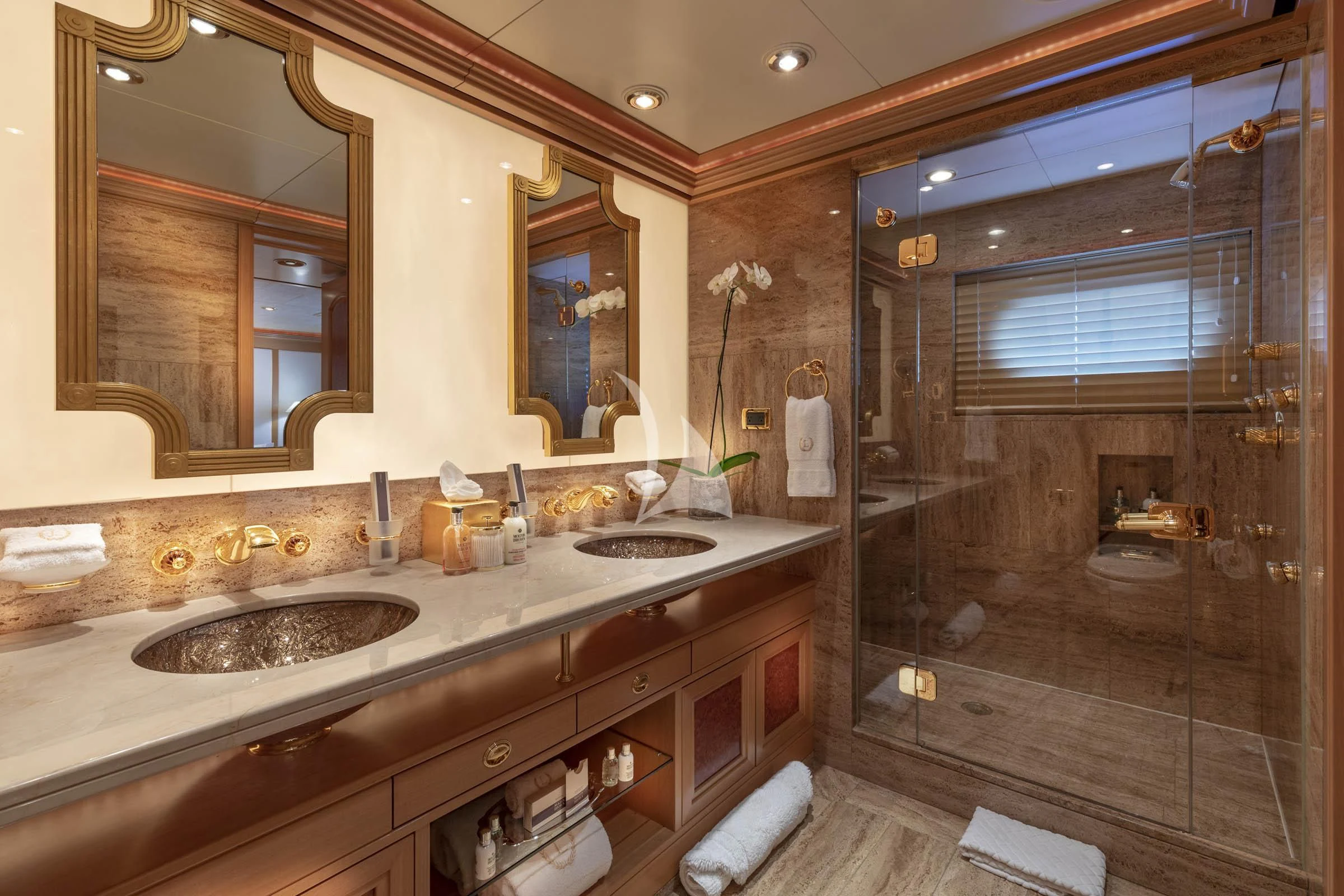 a bathroom with double sinks aboard LAUREL Yacht for Charter
