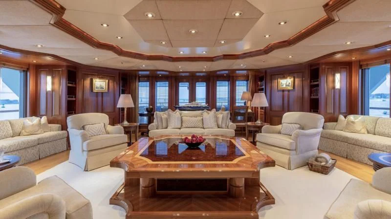 a living room with a large window aboard LAUREL Yacht for Charter