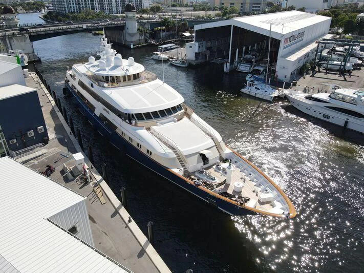 a ship docked at a port aboard LAUREL Yacht for Charter