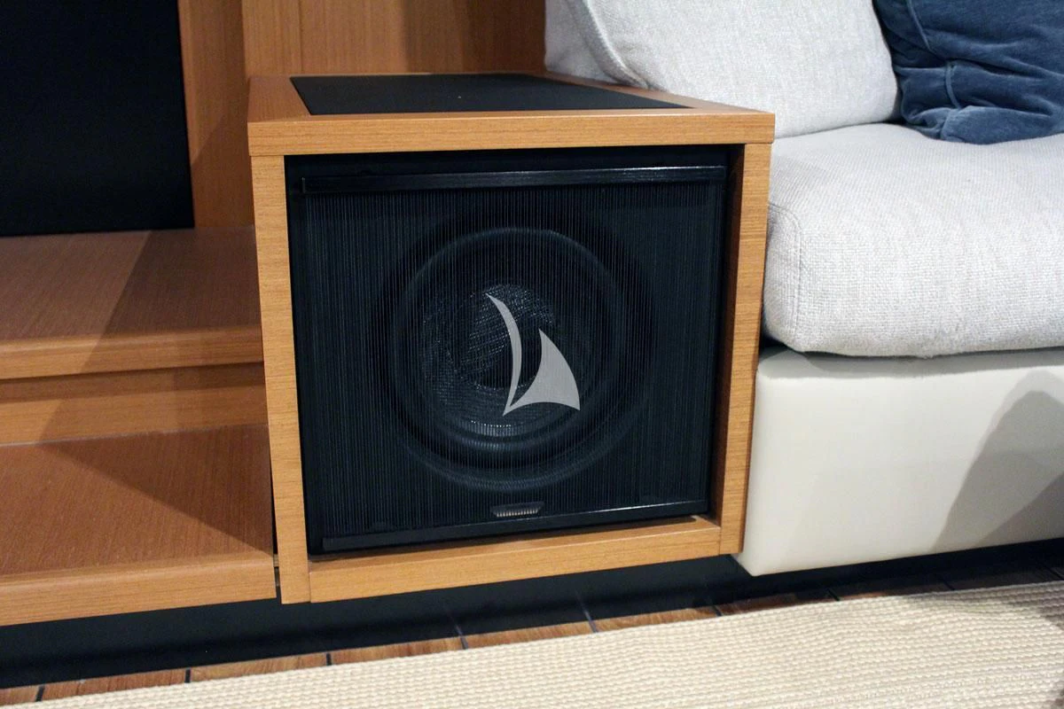 a black rectangular box with a logo on it aboard BAD MUTHA Yacht for Sale