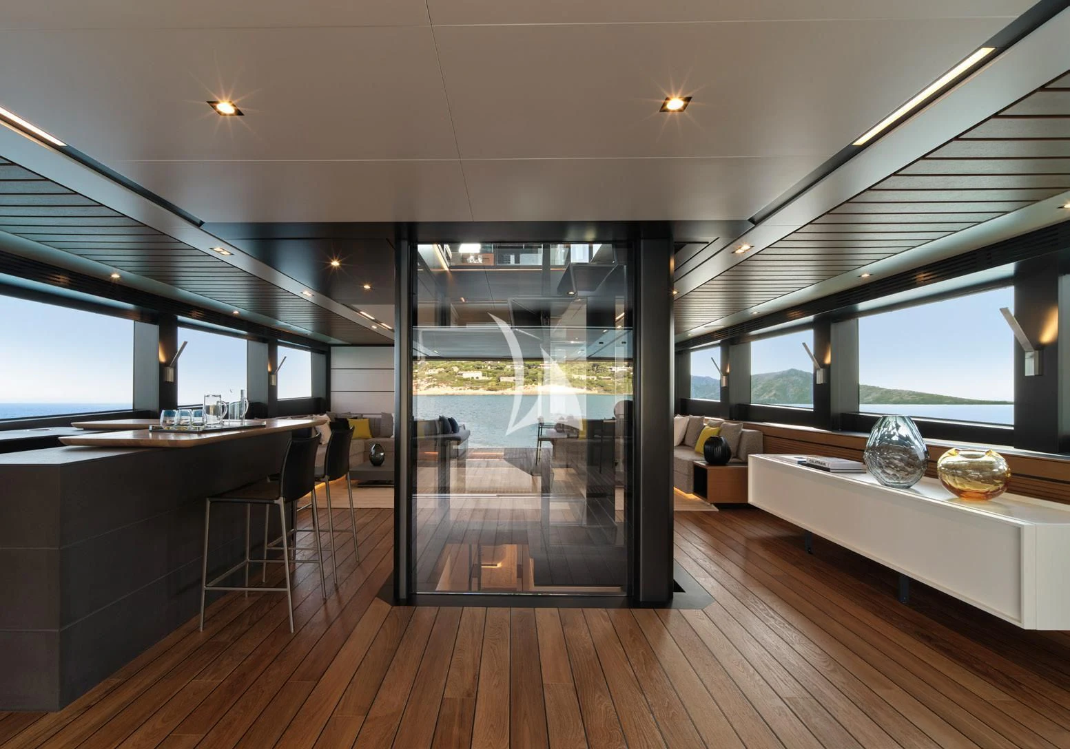 a room with a large glass door aboard BAD MUTHA Yacht for Sale