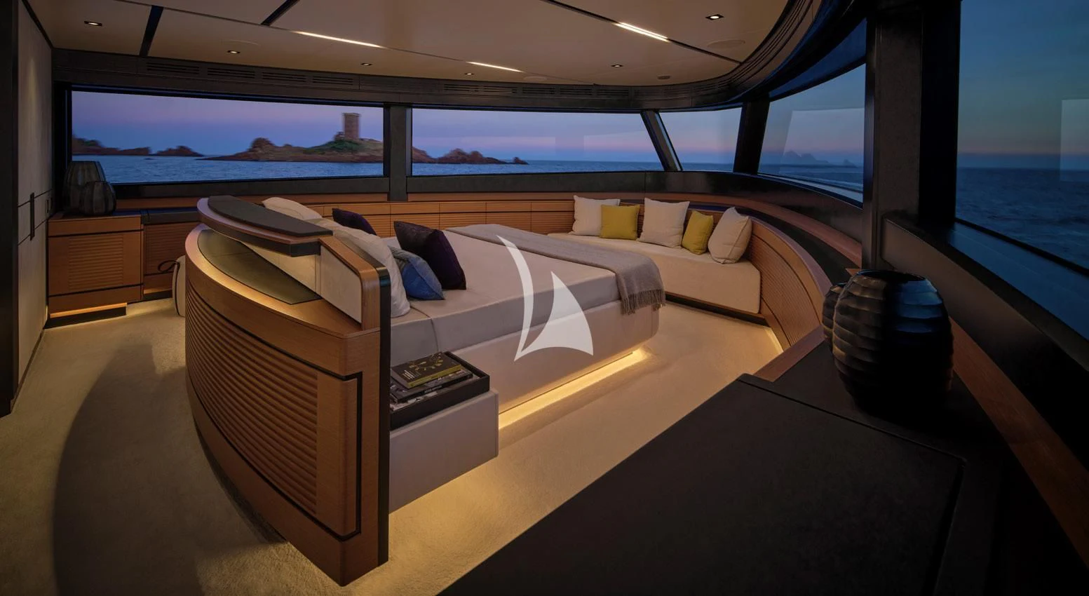 a bed in a room aboard BAD MUTHA Yacht for Sale