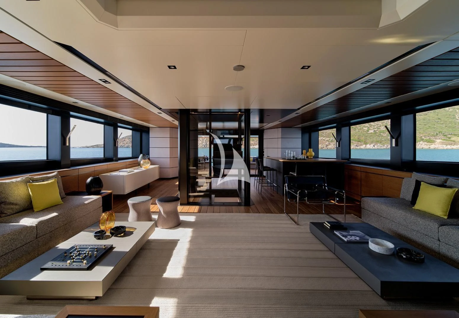 a living room with a large window aboard BAD MUTHA Yacht for Sale