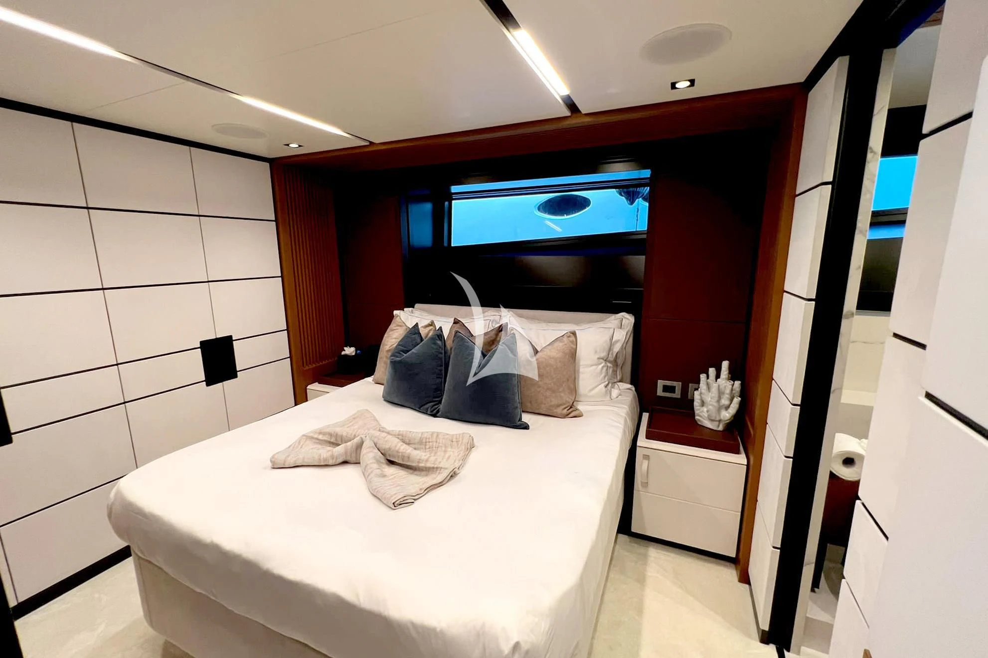 a bed in a room aboard BAD MUTHA Yacht for Sale