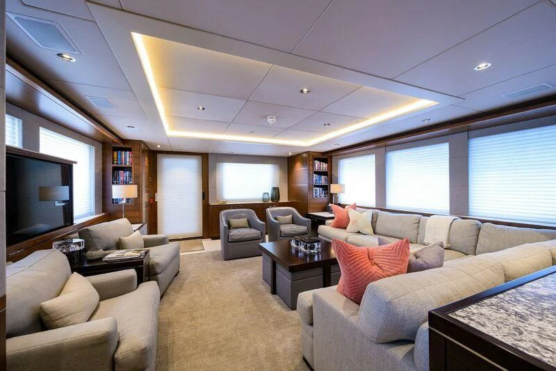 a living room with a large window aboard LACEY KAY Yacht for Sale