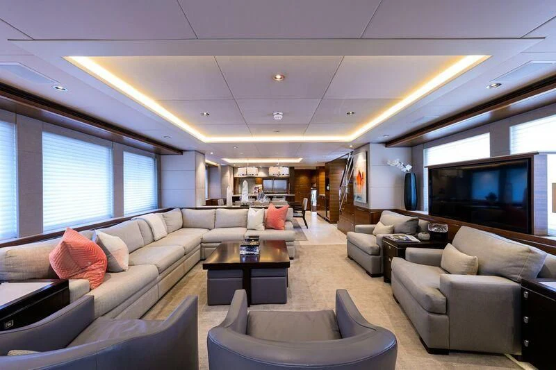 a living room with a large window aboard LACEY KAY Yacht for Sale