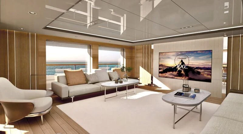 a room with a large screen aboard BOW SPRIT Yacht for Sale