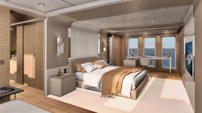 a large bedroom with a large bed aboard BOW SPRIT Yacht for Sale
