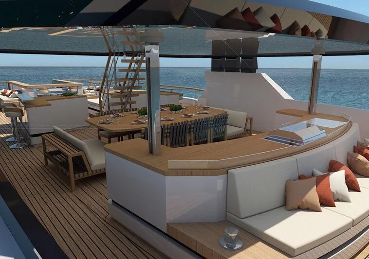 a room with a large window overlooking the ocean aboard BOW SPRIT Yacht for Sale