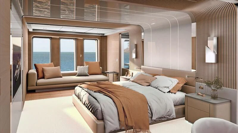 a room with a bed and a couch aboard BOW SPRIT Yacht for Sale