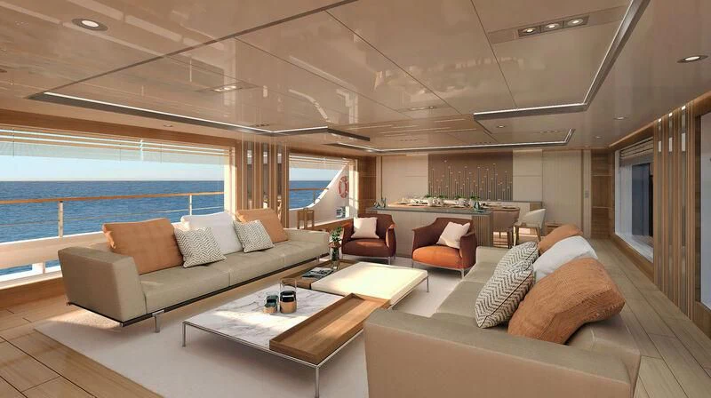 a living room with a couch and a table aboard BOW SPRIT Yacht for Sale
