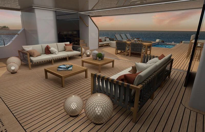 a living room with a large window aboard BOW SPRIT Yacht for Sale