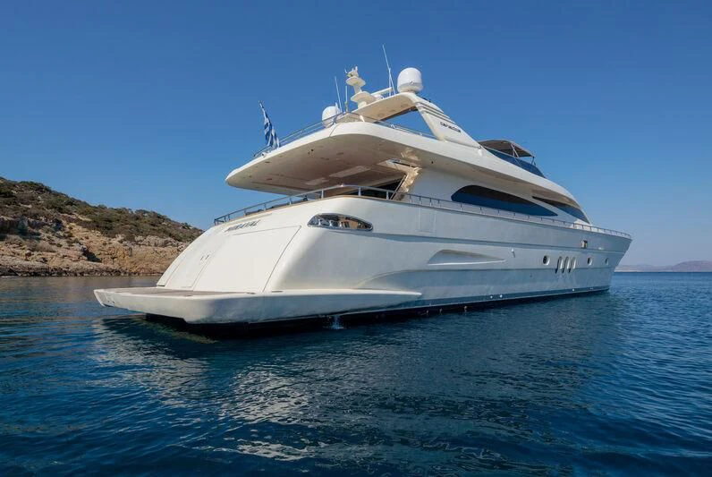 a white yacht on the water aboard MIRAVAL Yacht for Charter