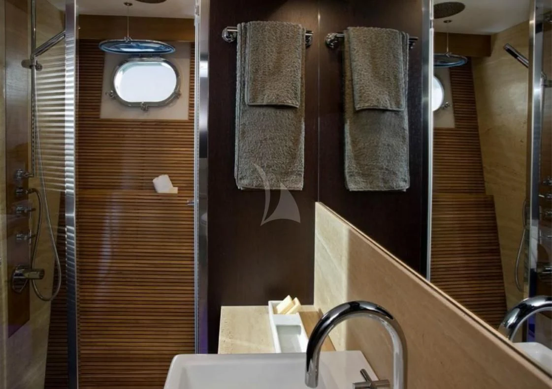 a bathroom with a towel rack aboard MIRAVAL Yacht for Charter