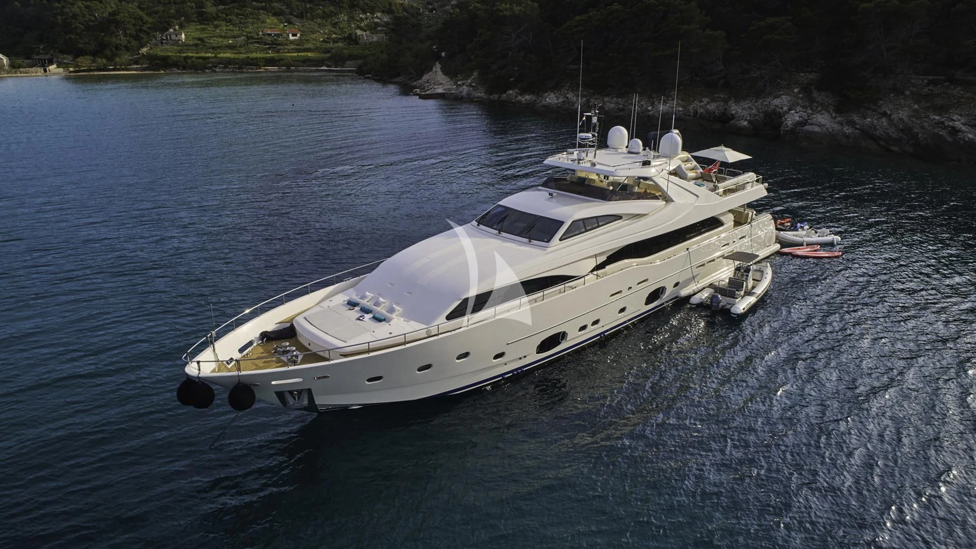 a white yacht on the water aboard ACCEPTUS Yacht for Sale