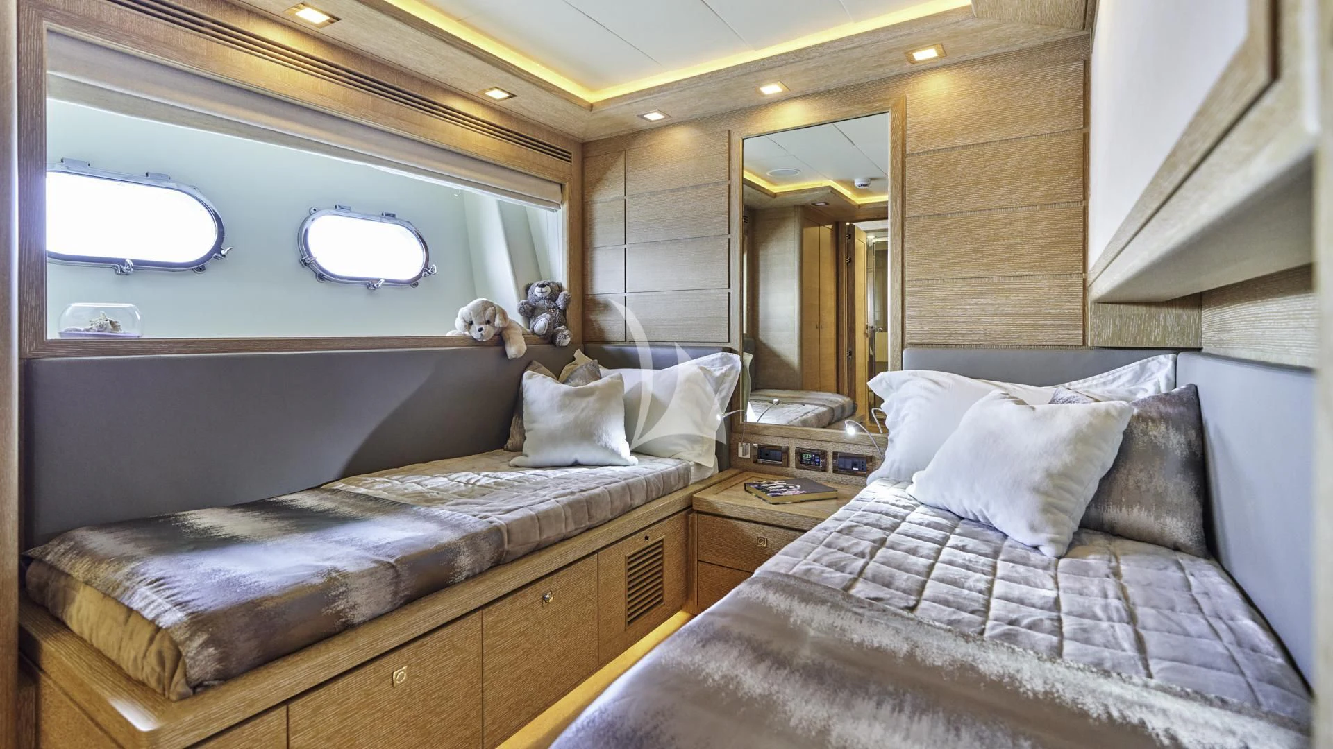 a room with two beds aboard ACCEPTUS Yacht for Sale