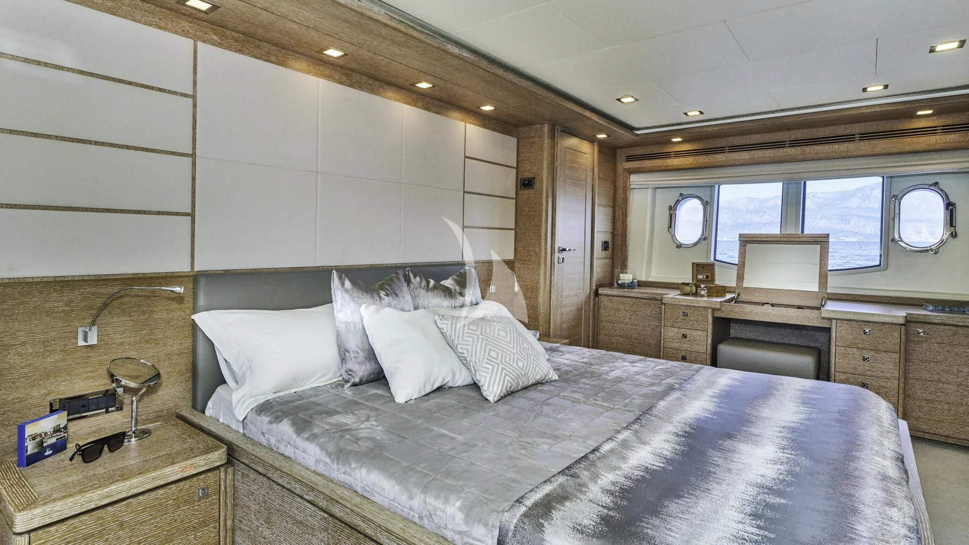 a bed with white sheets aboard ACCEPTUS Yacht for Sale
