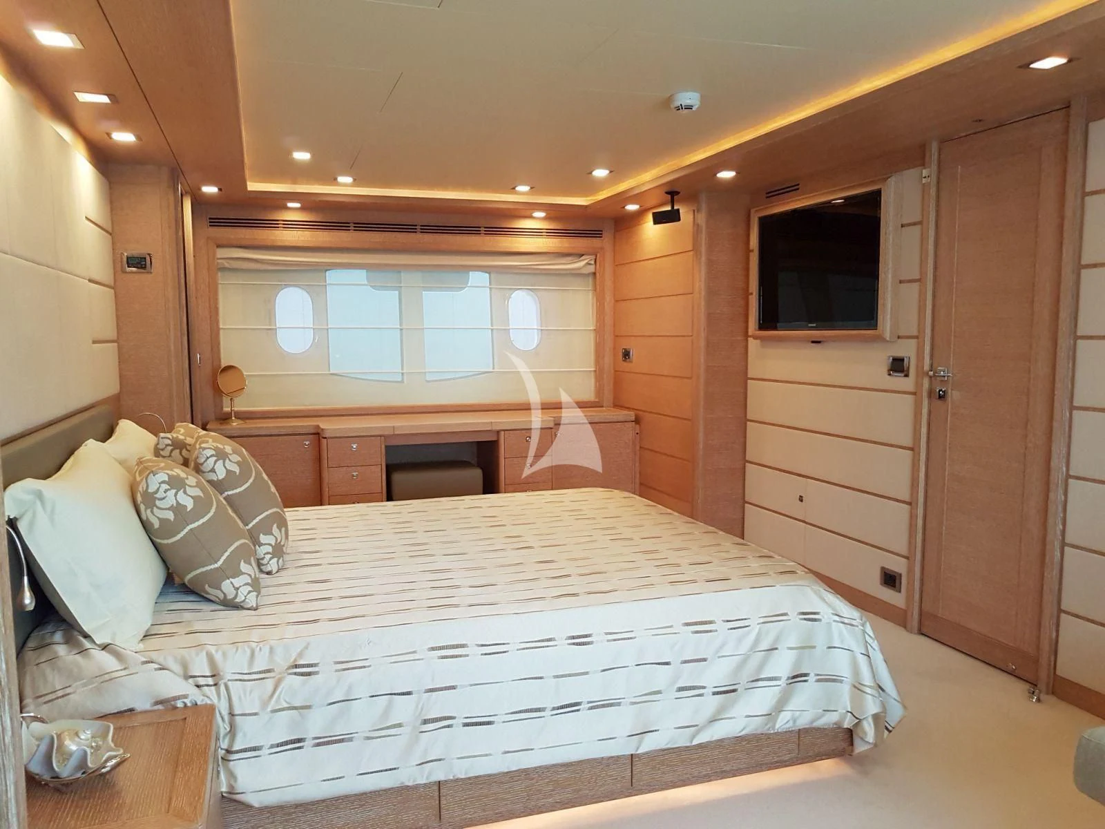 a bed in a room aboard ACCEPTUS Yacht for Sale