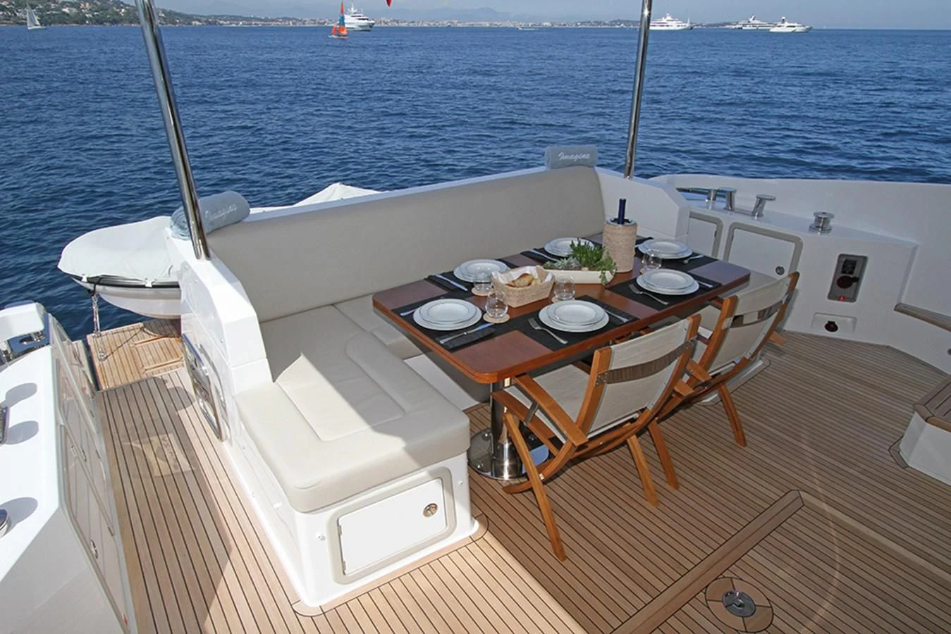 a table on a boat aboard IMAGINE Yacht for Sale