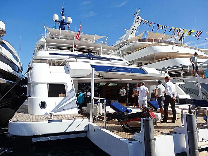 a group of people standing next to a boat aboard STARBURST IV Yacht for Charter