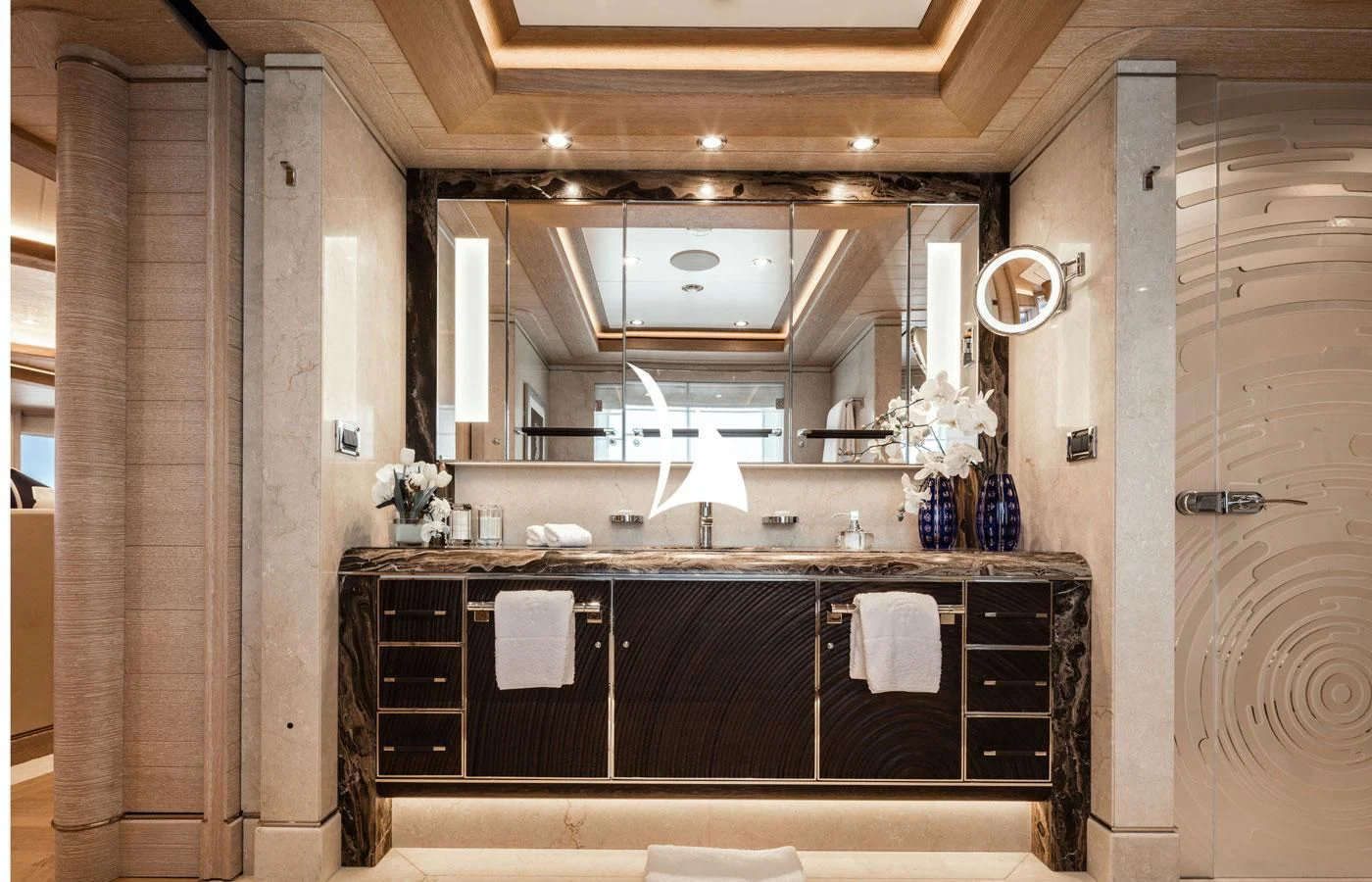 a kitchen with a sink and cabinets aboard STARBURST IV Yacht for Charter