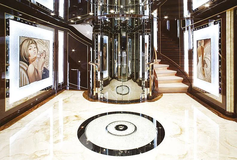 a black and white room with a black and white rug and a rug aboard DIAMONDS ARE FOREVER Yacht for Sale