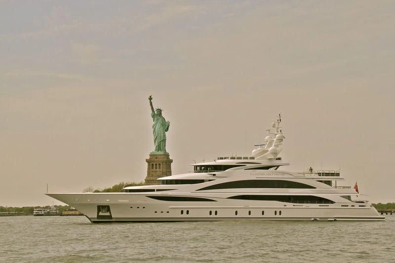 a large boat in the water aboard DIAMONDS ARE FOREVER Yacht for Sale