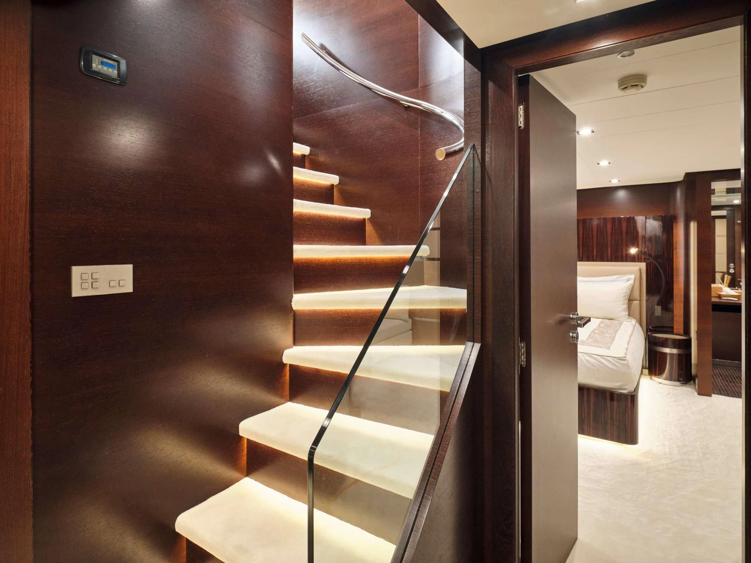 a staircase in a building aboard HAKUNA MATATA Yacht for Charter