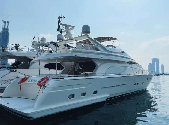 a white yacht in the water aboard SOFIA Yacht for Sale
