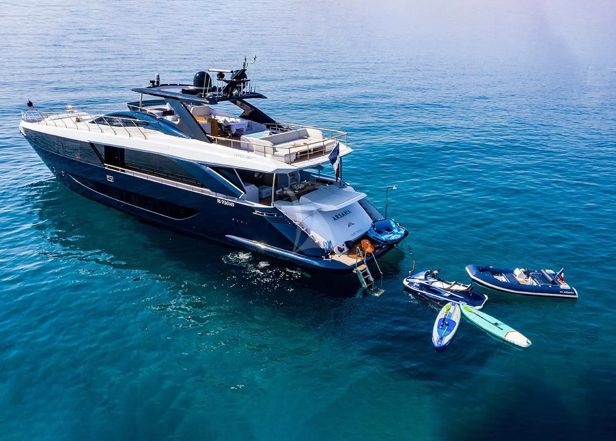 a boat with a motor attached to it in the ocean aboard ANGIOLA Yacht for Sale