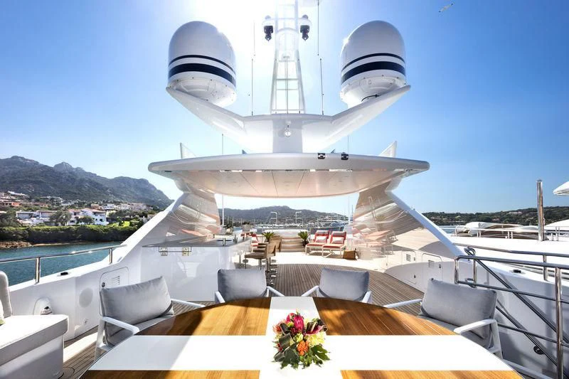 a large white ship with a dome on the deck aboard ARTISA Yacht for Sale