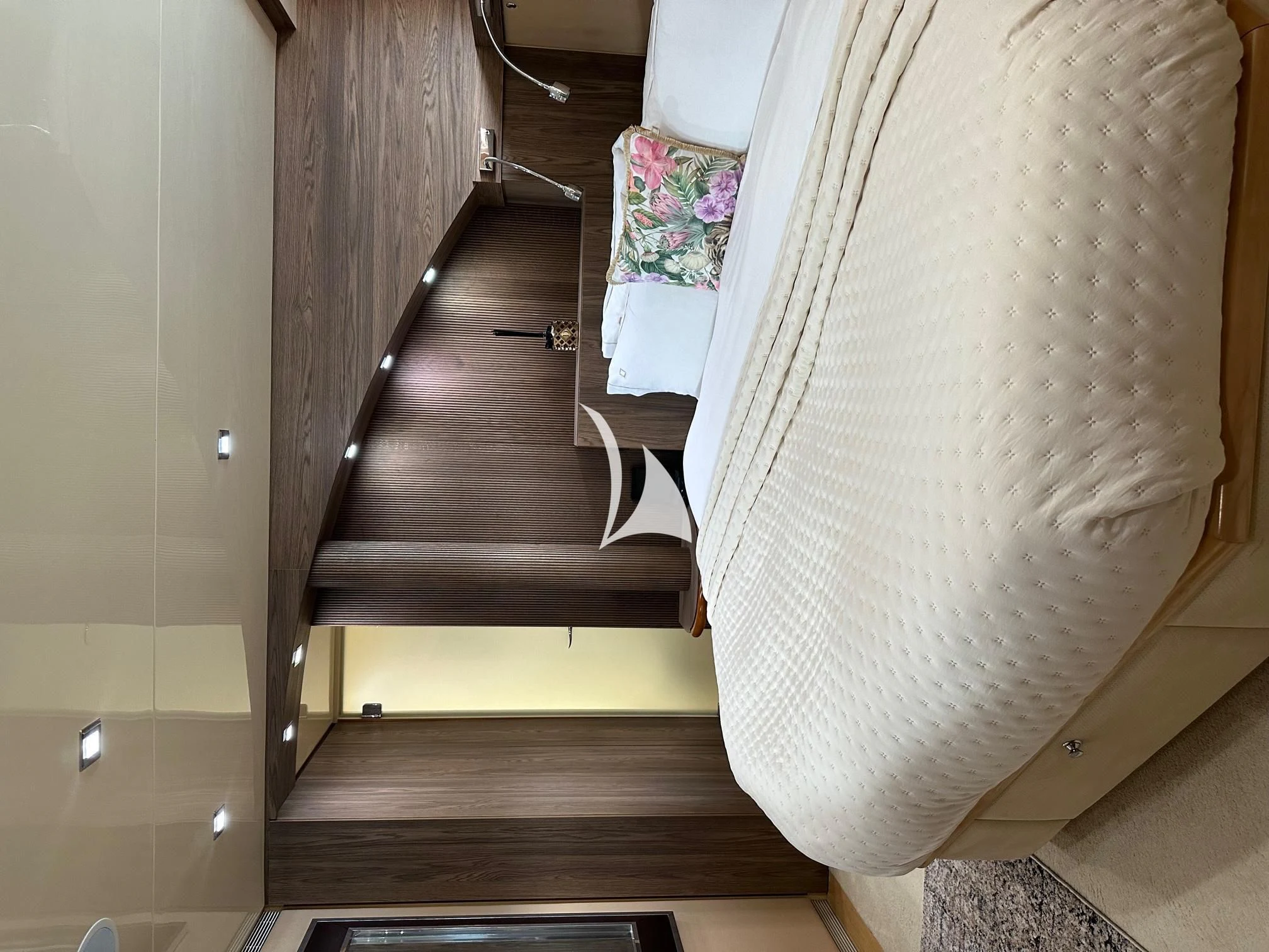 a staircase with a curtain aboard PROMETHEUS I Yacht for Charter