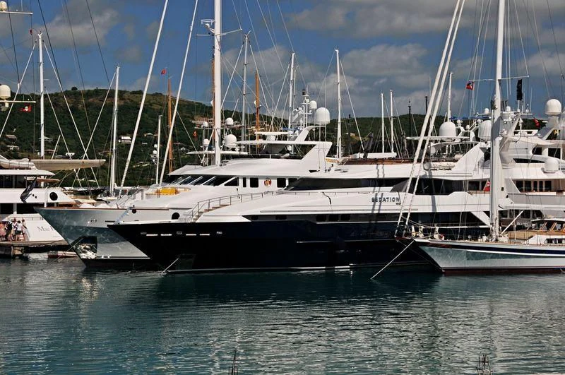 several boats in a harbor aboard PROMETHEUS I Yacht for Charter