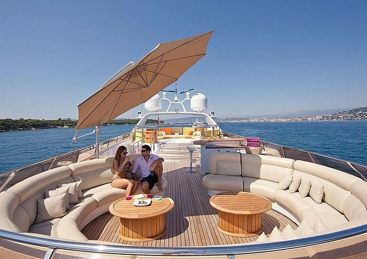 a couple sitting on a boat aboard PROMETHEUS I Yacht for Charter