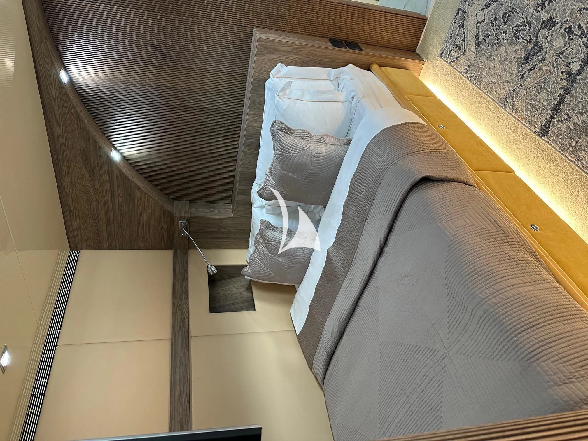 a bed in a room aboard PROMETHEUS I Yacht for Charter