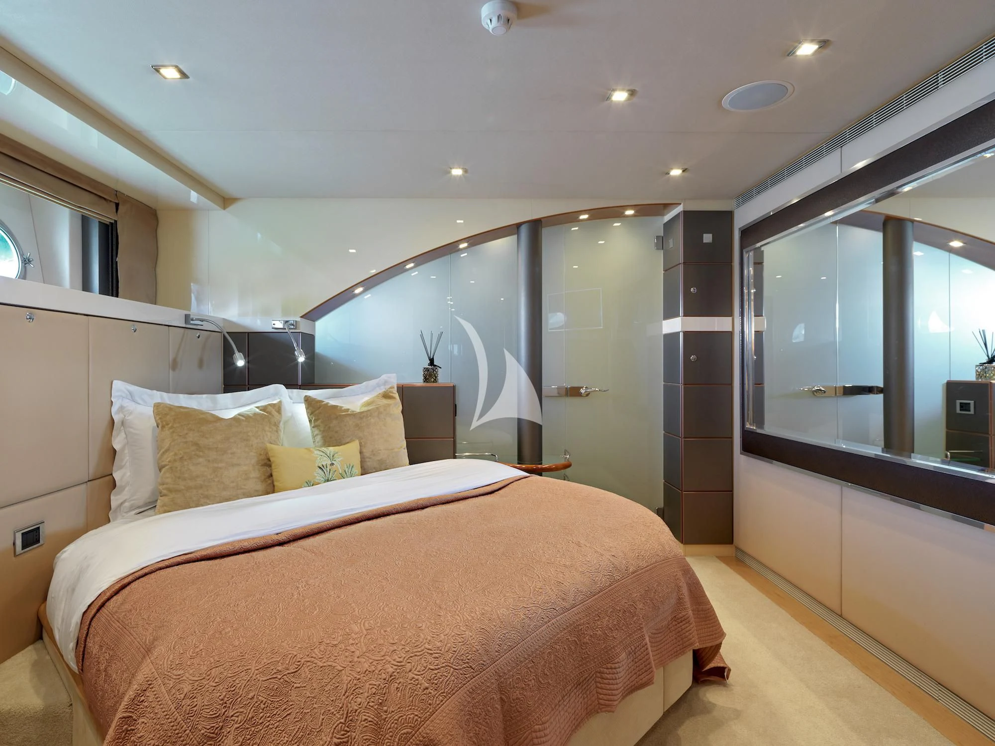 a bed in a room aboard PROMETHEUS I Yacht for Charter