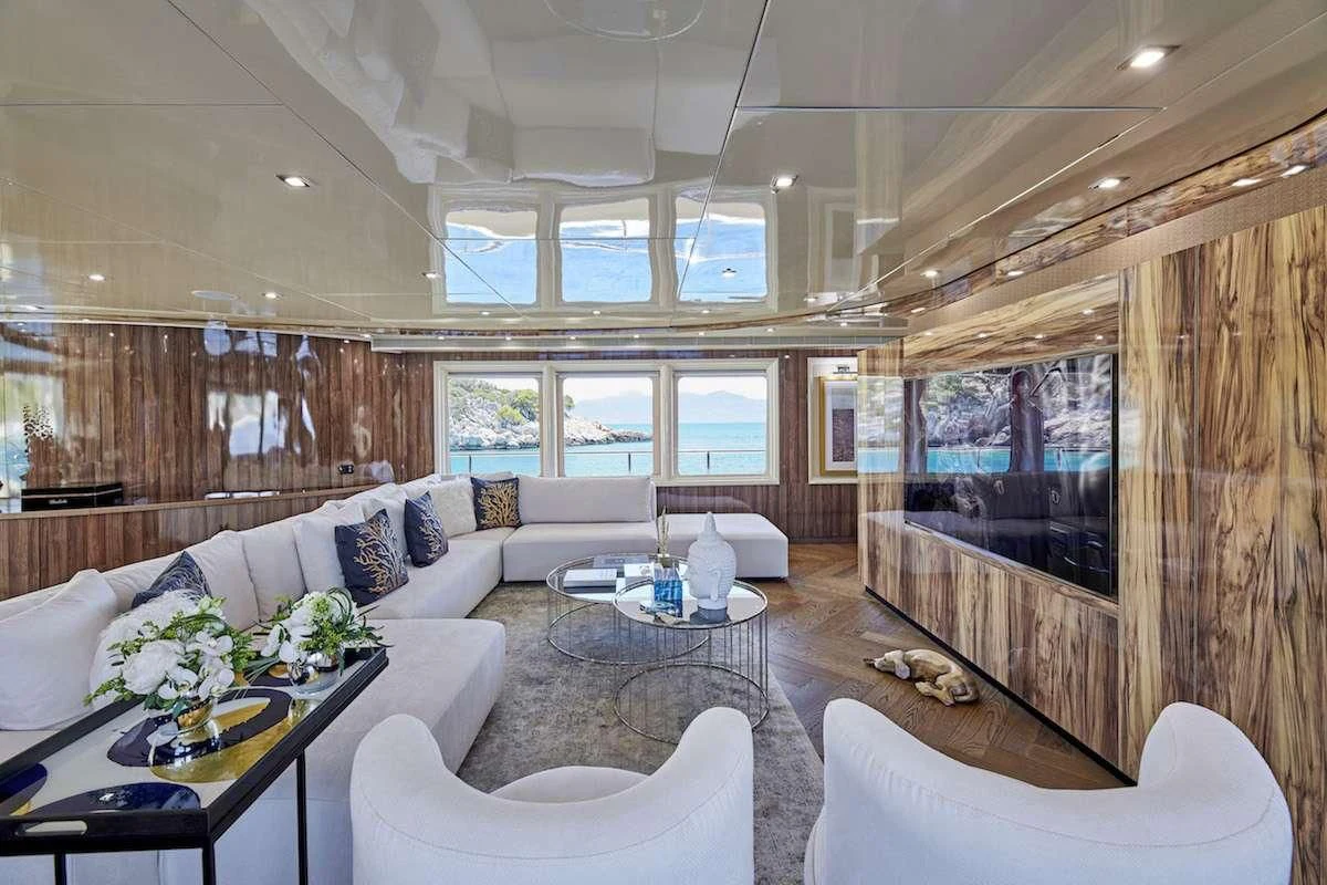 a living room with a large screen aboard PROMETHEUS I Yacht for Charter