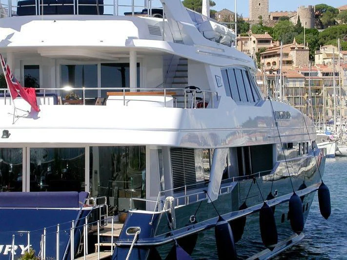 a boat with a flag on the deck aboard PROMETHEUS I Yacht for Charter