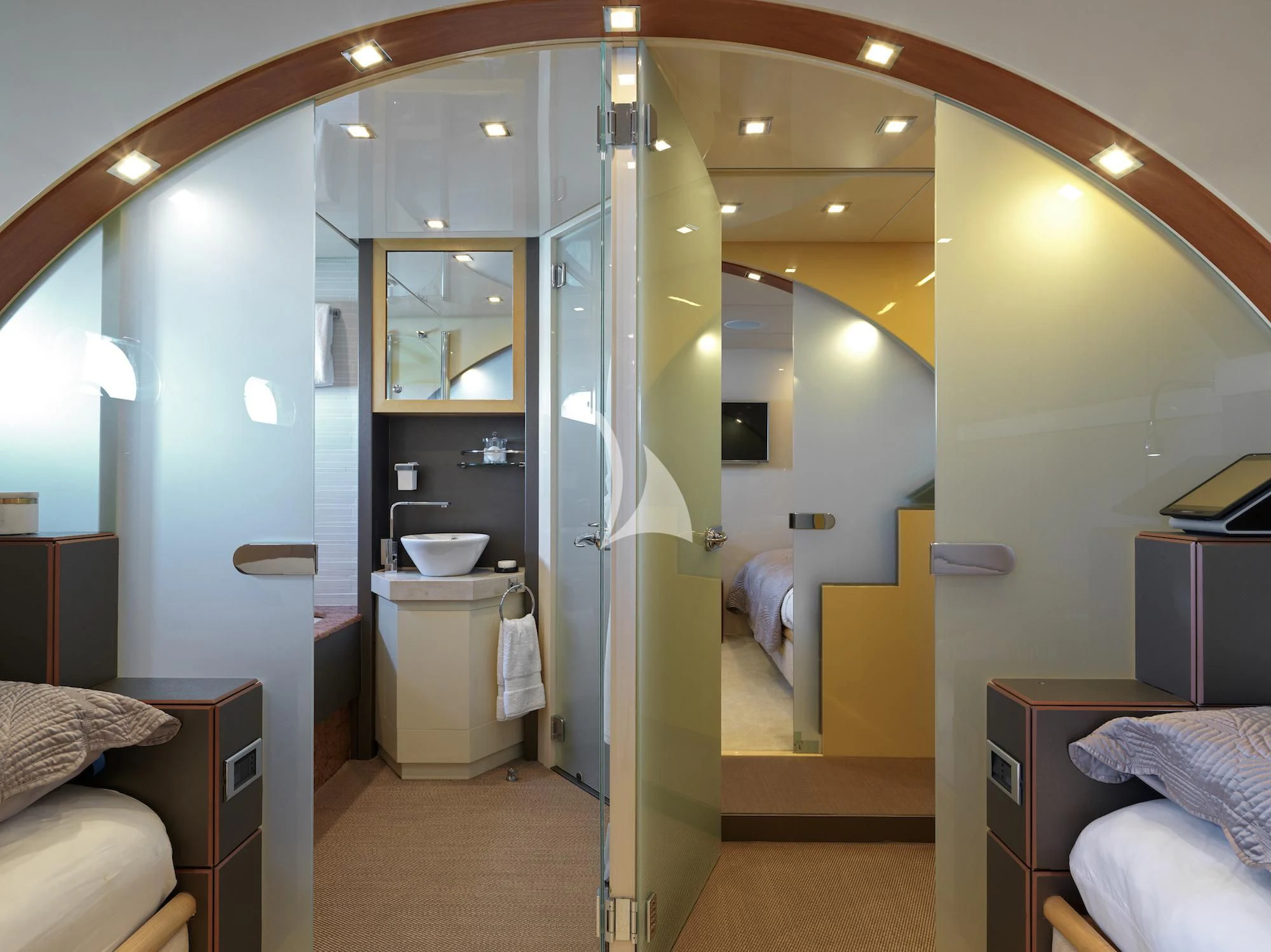 a bathroom with a glass shower aboard PROMETHEUS I Yacht for Charter