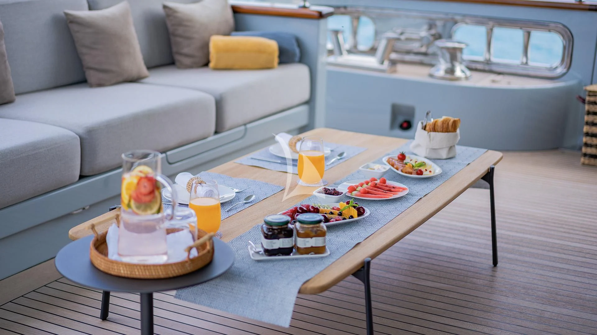 a table with food on it aboard VALENTINA II Yacht for Sale