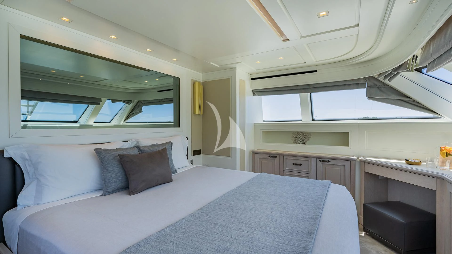 a bed in a room aboard VALENTINA II Yacht for Sale