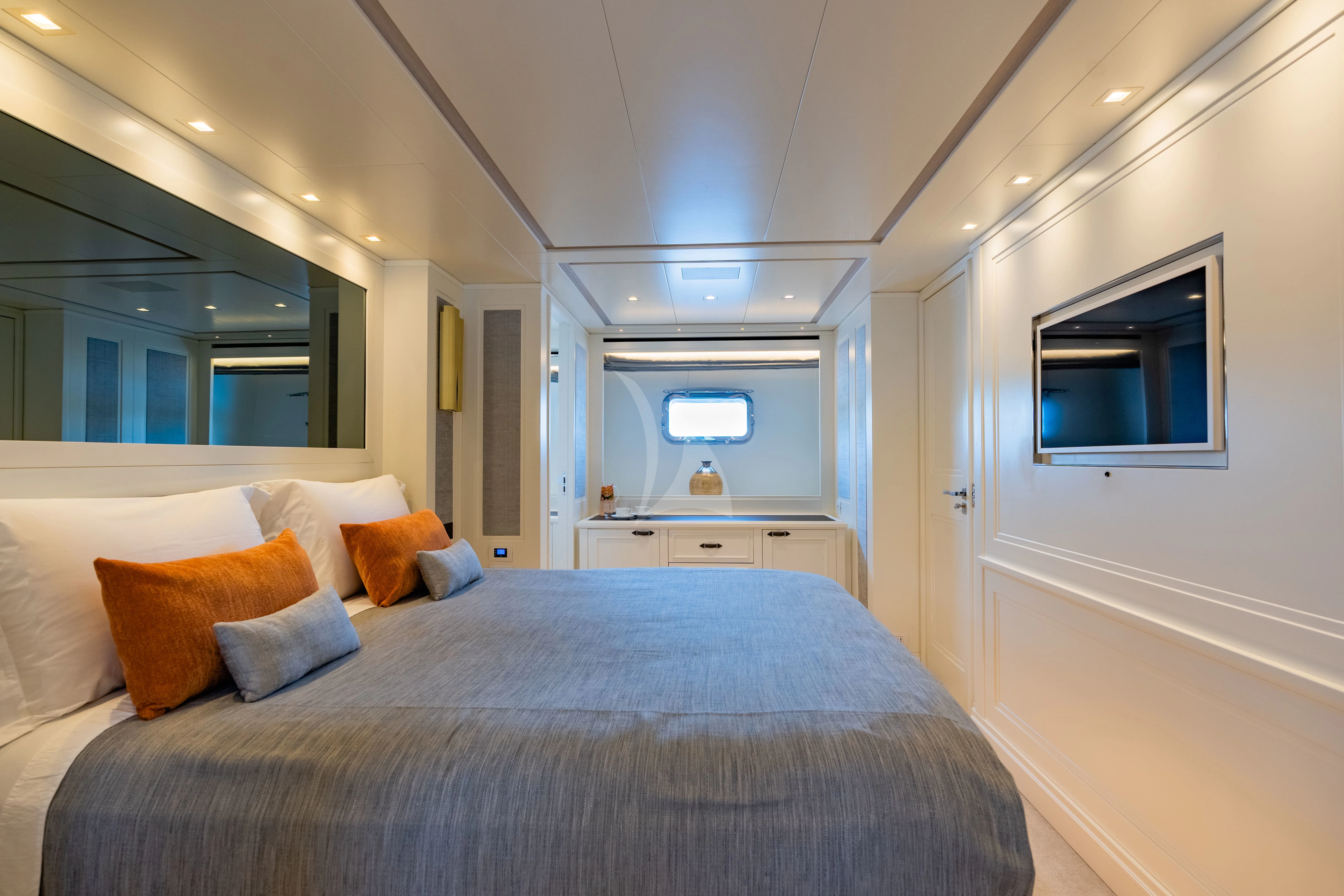 a bed in a room aboard VALENTINA II Yacht for Sale