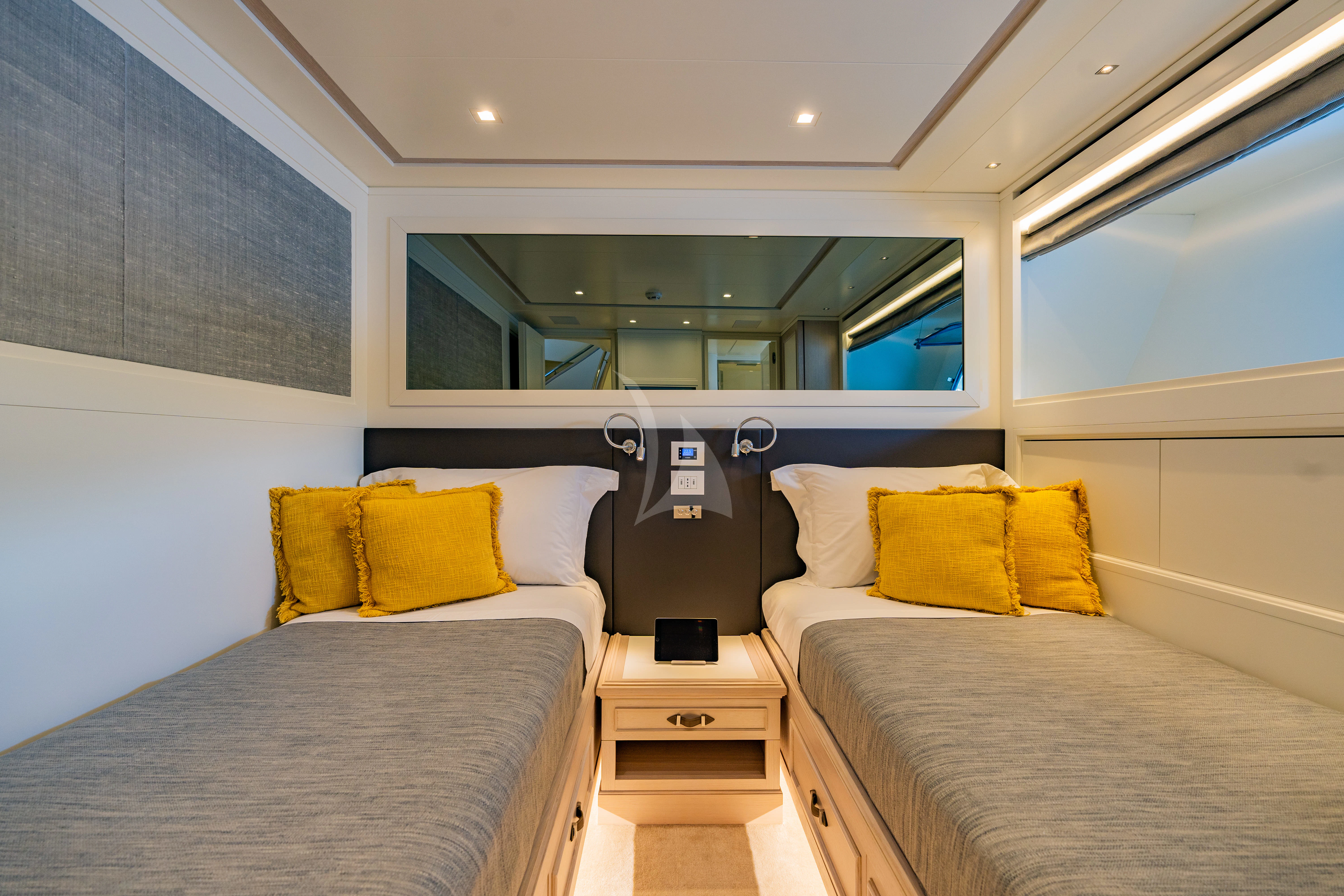 a room with two beds aboard VALENTINA II Yacht for Sale