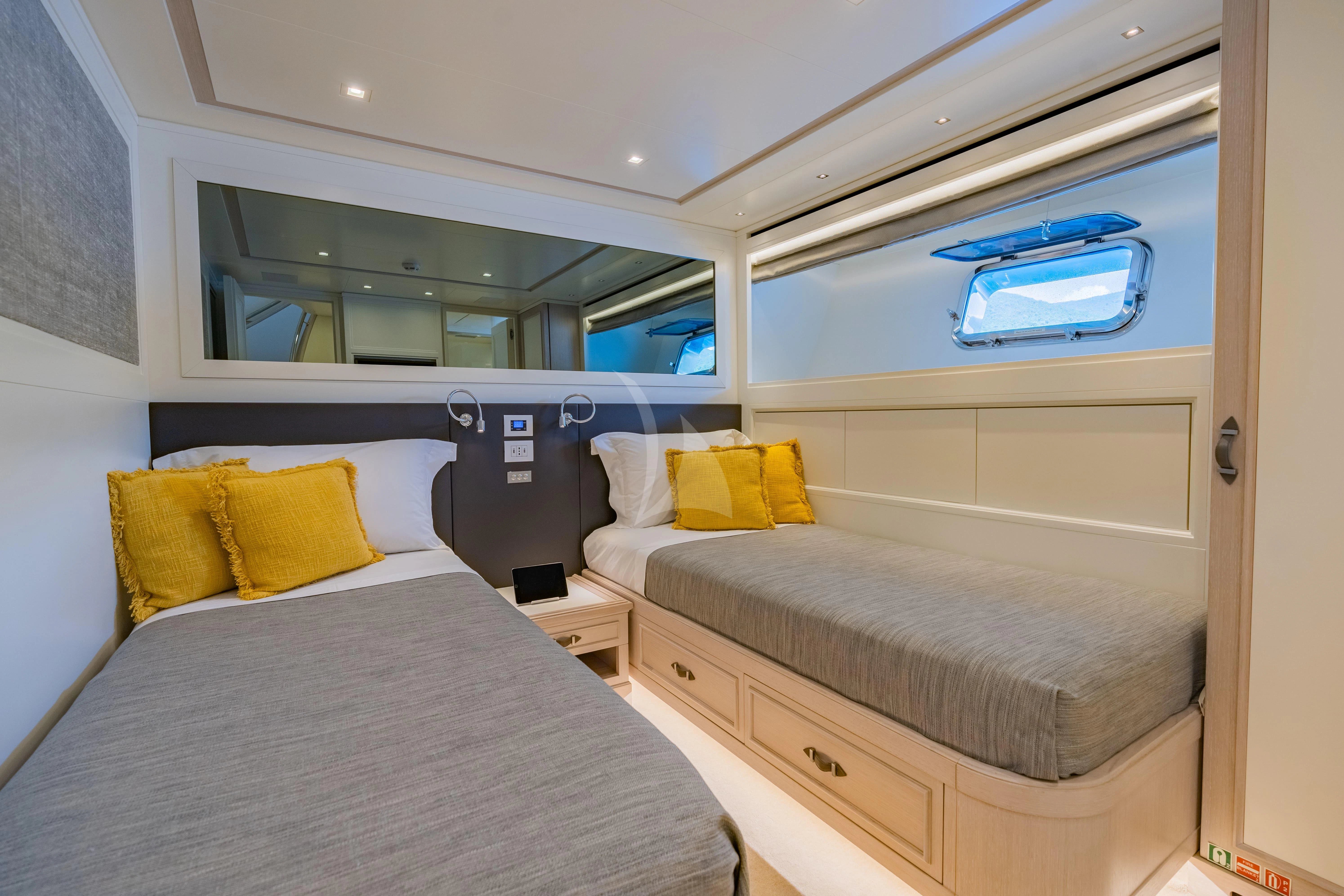 a room with two beds aboard VALENTINA II Yacht for Sale