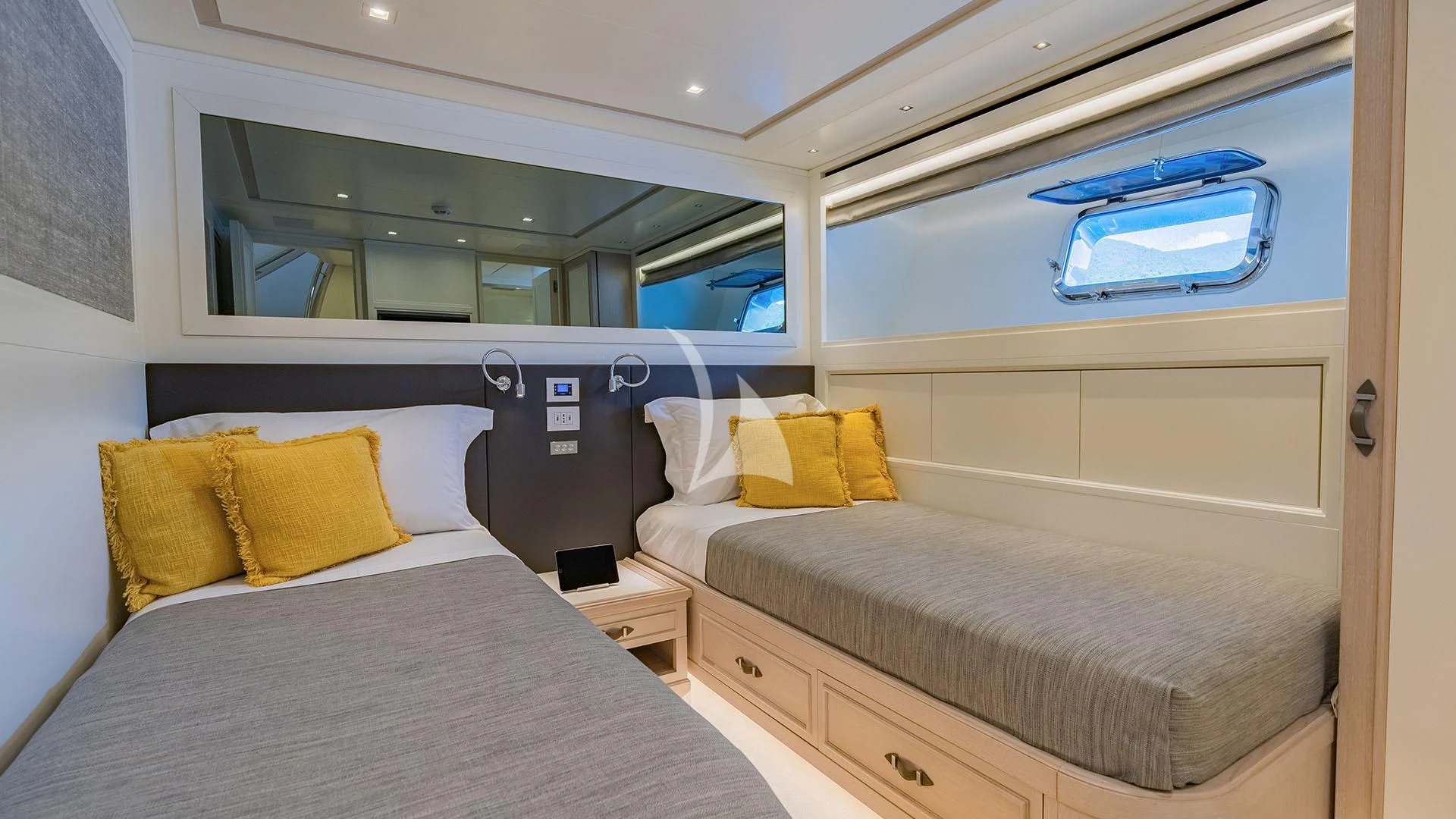 a room with two beds aboard VALENTINA II Yacht for Sale