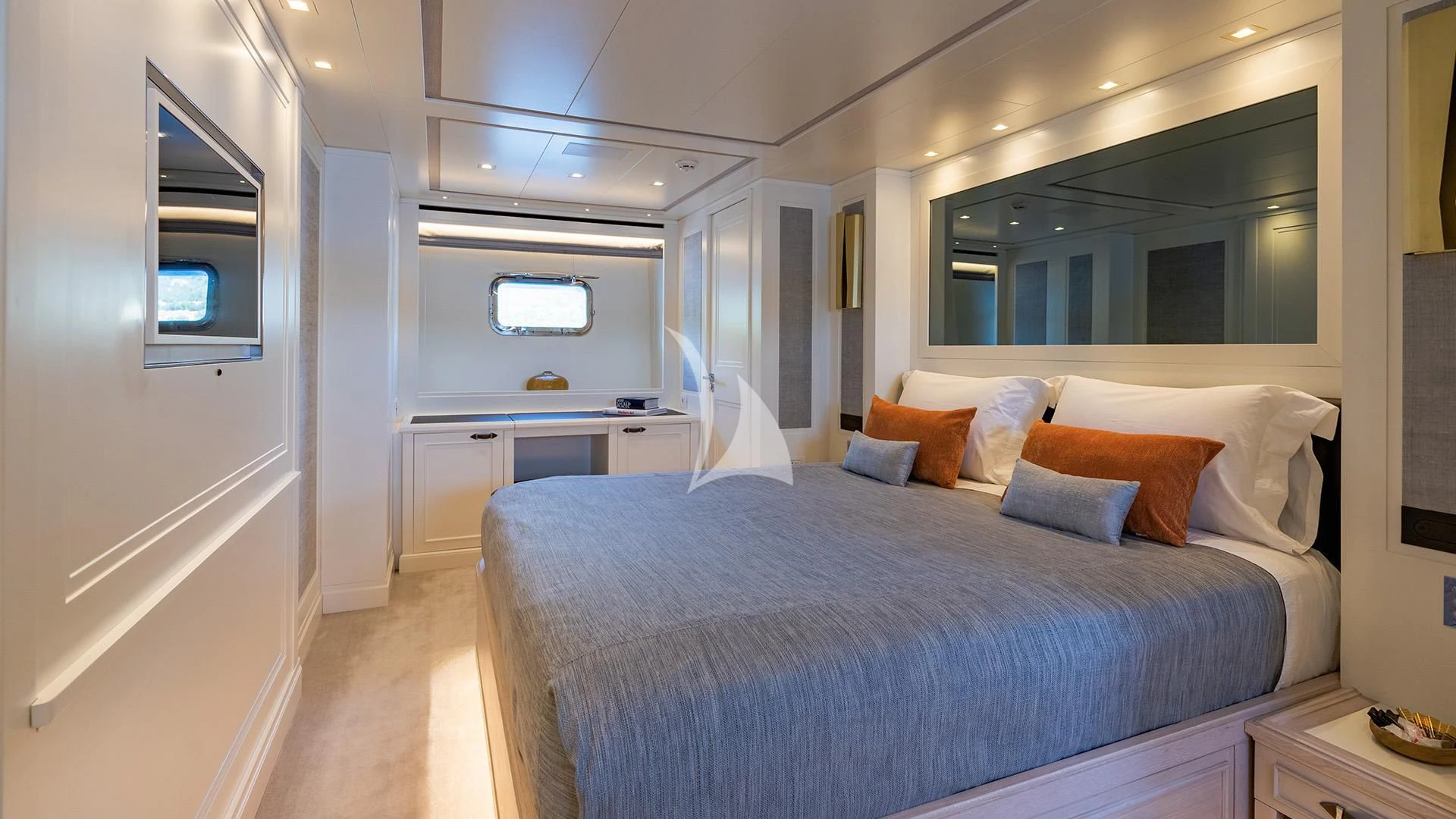a large bed in a room aboard VALENTINA II Yacht for Sale