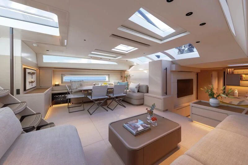 a living room with a large open floor plan aboard LIBERTY SQUARED Yacht for Sale